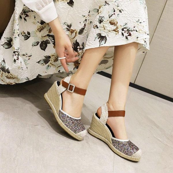 

sandals zawsthia sequined glitter bling summer shoes for woman close toe mary janes platform wedges heels women espadrilles, Black