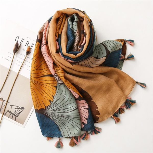 

scarves woman muffler korean winter shoulders fashion gingkos leaves yellow printed tassels scarf 180*90cm, Blue;gray