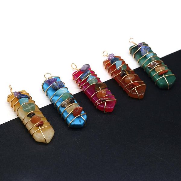 

charms natural stone pendant seven chakras aura healing gems wrapped copper wire exquisite for making diy necklace accessories, Bronze;silver