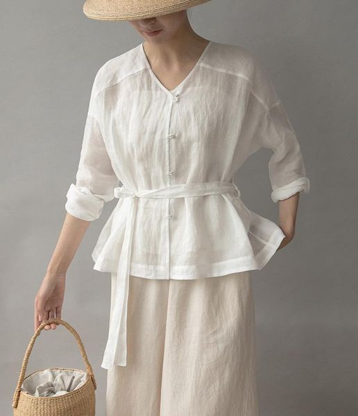 

self-made ss2021 ramie v-neck long sleeve single-breasted lace-up lily 20726, White