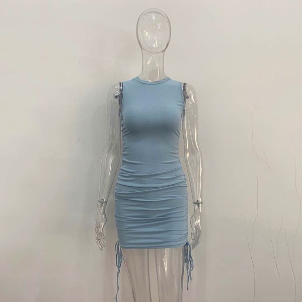 

women cotton ruched drawstring party dress women sleeveless elastic mini dress vintage summer bodycon club wear vestidos, Black