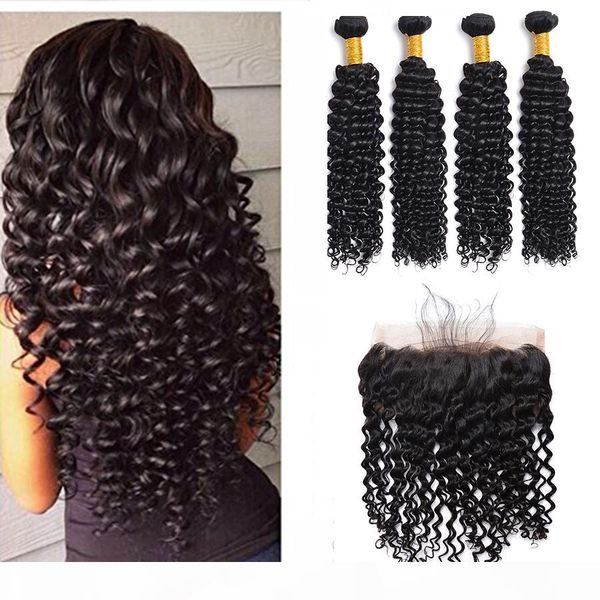 

brazilian deep wave curly 4 bundles with 13x4 lace frontal closure 8a unprocessed deep wave curly human hair with lace frontal closure, Black;brown