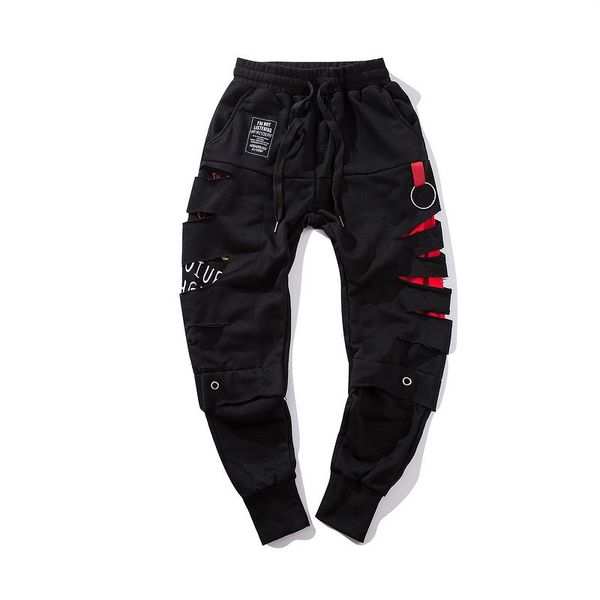 

men's pants sweatpants men hip hop cotton hole ripped joggers, Black