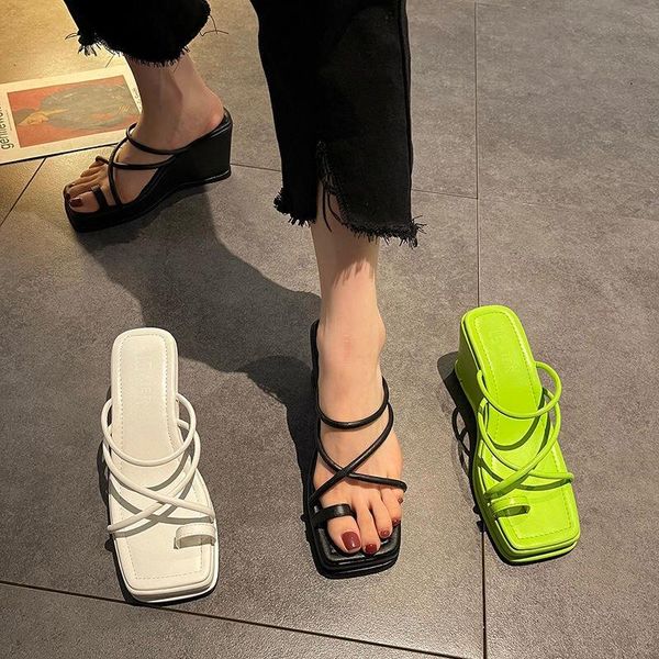 

sandals summer thick-soled wedges ladies flip-flops non-slip beach shoes flat casual slippers, Black