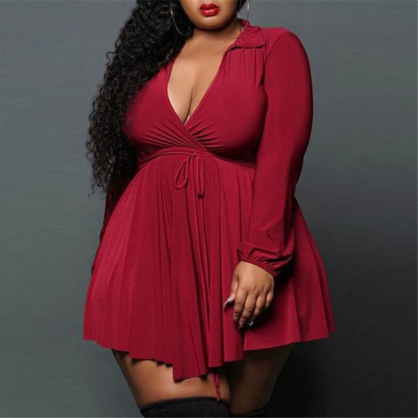 

plus size dresses women swing dress turn down collar pullover long sleeve tie deep v high waist solid color mini wholesale, Black