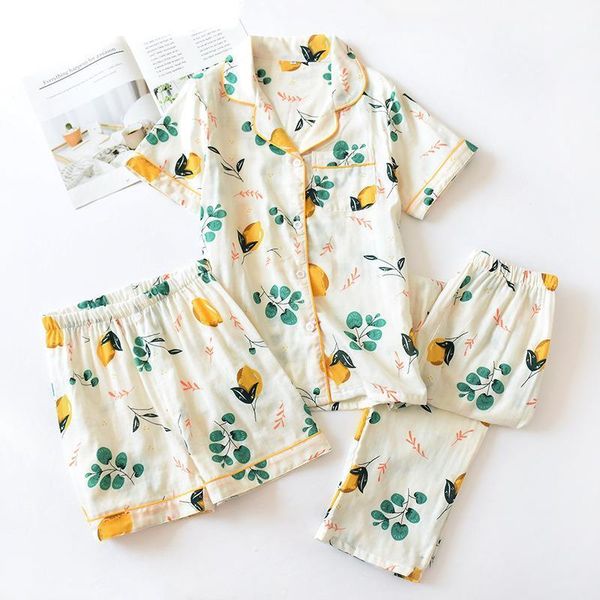 

3pcs lovely fruit print summer thin women's pajamas cotton homewear set short-sleeved + trousers + shorts female sleepwear, Black;red