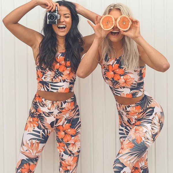 

yoga outfits floral printed set women high waist sport leggings fitness gym two-piece female jogging sportswear1, White;red