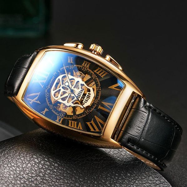 

wristwatches watch men fashion leather strap tonneau tourbillon skull hollow automatic mechanical watches for man male gift drop, Slivery;brown