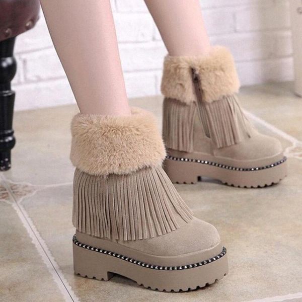 

thick sole wedges shoes women snow boots platform ankle boot tassels side zip thicken plush for deep winter black white khaki i7c9#