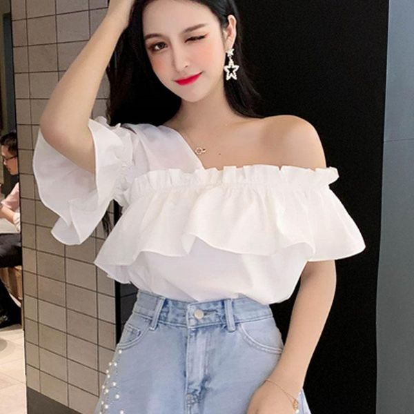 

women's blouses & shirts 2021 ruffle short sleeve shirt blusas female clothing slash neck chiffon spliced, White