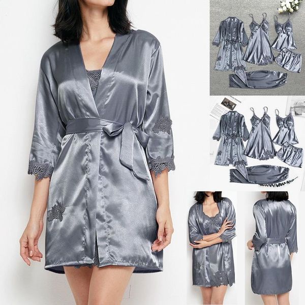 

women's sleepwear 5pcs female pajamas set satin pyjamamas lace patchwork bridal wedding nightwear home wear bathrobe nighty robe, Black;red