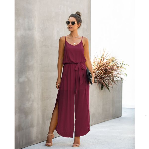 

2021 summer new plus side splited wide leg strappy jumpsuit sashes solid color high waist cotton jumpsuits women fad0, Black;gray