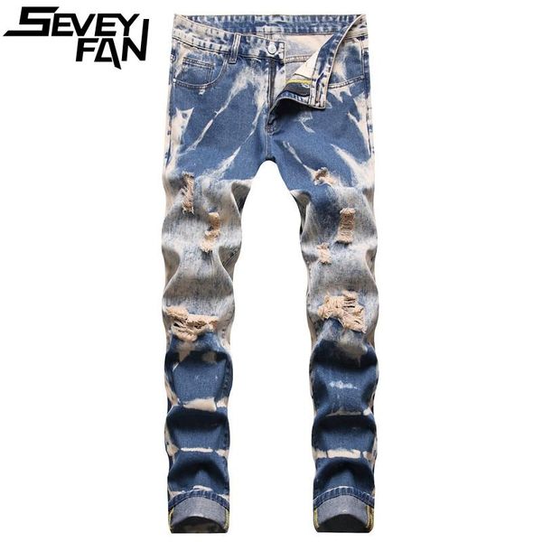 

men's jeans seveyfan fahion tie dye ripped stretch hole slim denim pants streetwear pencil trousers for male, Blue