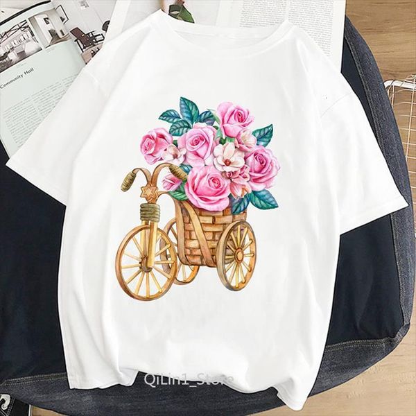 

vintage and women pretty loveheart men t shirt flower womens bicycle printed femme white harajuku kawaii clothes 90s streetwear shirts, White;black