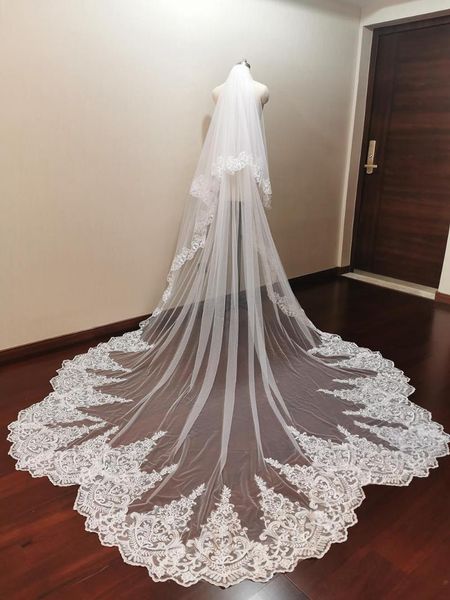 

bridal veils real pos dramatic scallop lace wedding veil 2 layers soft tulle 3.5 meters long with comb accessories, Black