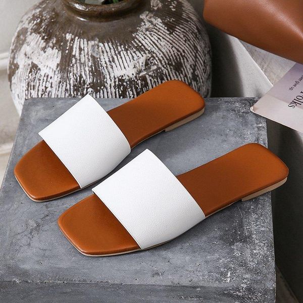 

slippers square head flat heel  sandals for women summer fashion flip flops casual beach shoes, Black