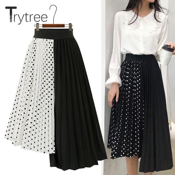 

skirts trytree spring summer women dot skirt casual polyester chiffon asymmetry elastic waist pleated fashion plus size, Black