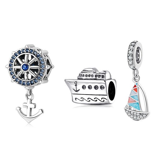 925 Sterling Silver Âncoras Telescópio Telescópio Navio Charme Beads Fit Original Europeu Pulseira Jóias Fazendo Moda Pingentes Q0531