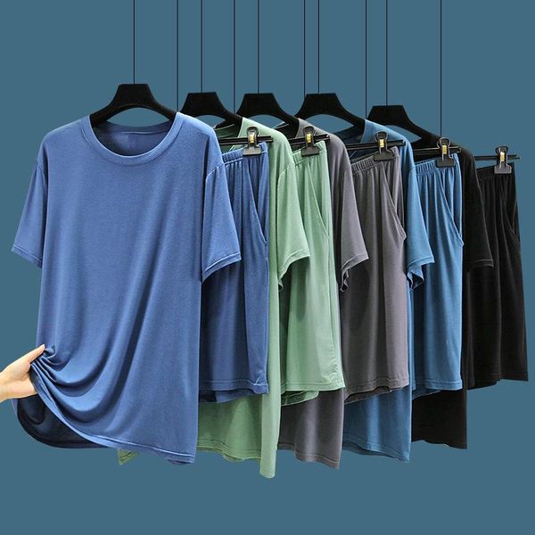 

men's sleepwear modal summer short-sleeved pajamas cotton silk loose large size pocket shorts home service ice suit, Black;brown