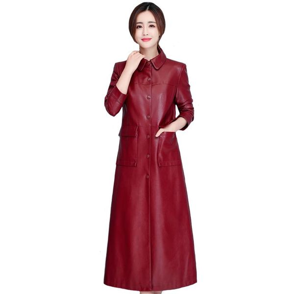 

women's leather & faux autumn winter x-long trench coat for women 2021 oversized slim jackets overcoat plus size m-7xl, Black