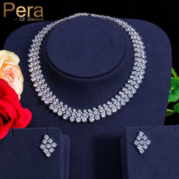 Pera luxo estilo europeu claro zircônia cúbica cristal grande colar redondo e brincos de jóias nupciais conjunto para presente de casamento J116 H1022