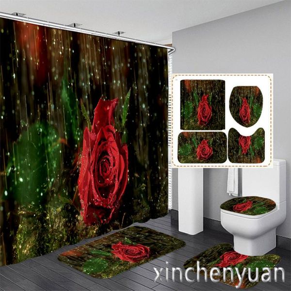 

shower curtains red rose 3d printing waterproof bathroom curtain toilet cover mat non-slip floor rug (1/3/4pcs) w24