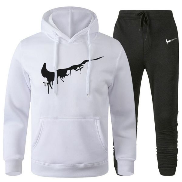 

2021 men sports casual sets new men's hoodies + pants two-piece suit tracksuit fashion solid color sets male white black s-xxxl, Gray