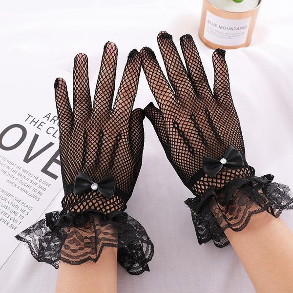 

five fingers gloves women lace mesh ladies white wrist large bow knot marriage glove party cosplay accessories short tulle, Blue;gray