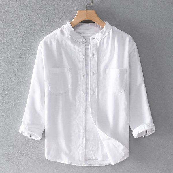 

2021 new style three-quarter sleeve linen brand casual cotton shirts for men fashion stand collar shirt mens chemise 0pyy, White;black
