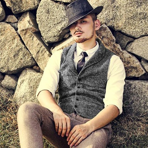 

men's vests vest formal business herringbone suit waistcoat wool/tweed notch lapel groomsmen for wedding, Black;white