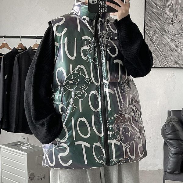 

men's vests neploha 2021 winter hong kong style bright face stand parka vast casual graffiti male parkas harajuku streetwear coats, Black;white