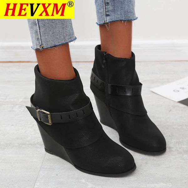 

boots 2021 women ankle chaussure high heels pumps booties plus size autumn wedges pu leather shoes woman zapatos mujer sapato, Black