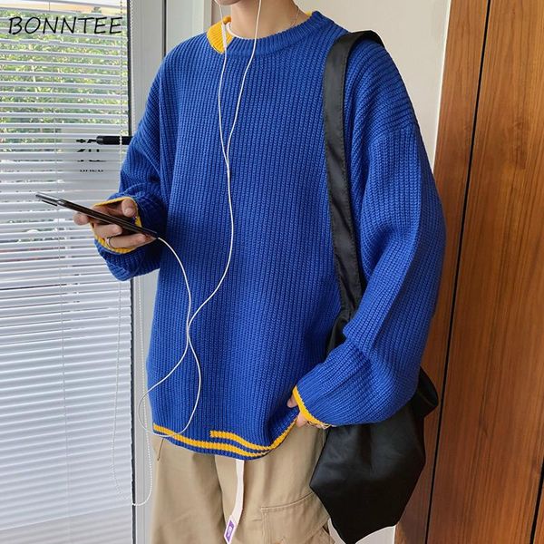 

sweaters men autumn patchwork simple retro o-neck mens trendy korean harajuku students casual loose ulzzang pullovers chic, White;black