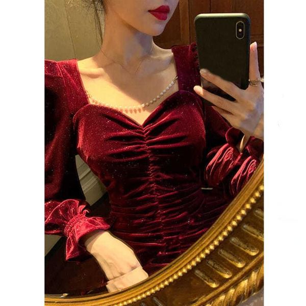 

casual dresses autumn evening party velvet dress women long sleeve fishtail midi female elegant vintage one piece korea, Black;gray