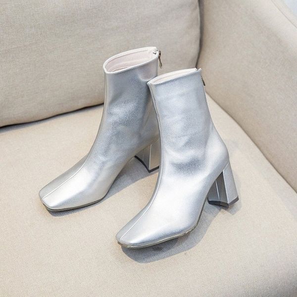 

silver leather ankle boots high heel zipper booties fashion women party shoes square toe autum winter boots boot ankle boots 74m5#, Black