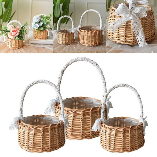 

storage baskets fresh rattan woven basket with handles lace bow decoration flower indoor outdoor bin