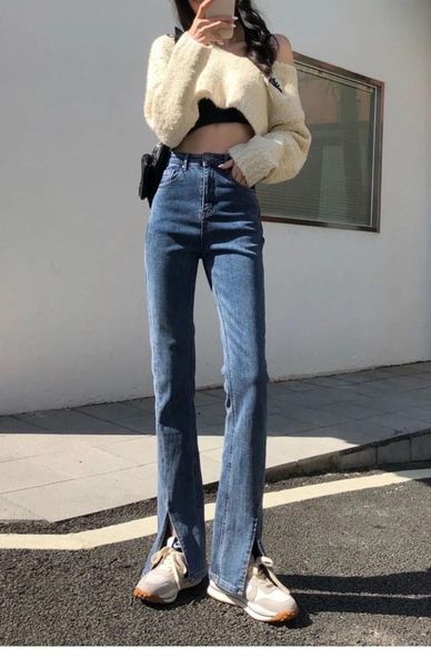 

women's jeans 2021 high waist split fashion slim versatile flared street girl trousers, Blue