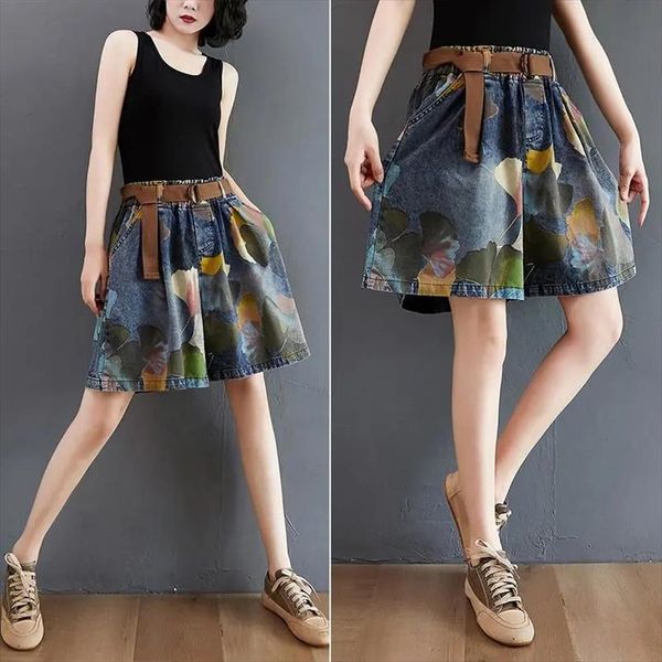 

plus size high waist retro womens jeans denim shorts elastic wide leg pants loose jean femme pant printed, Blue