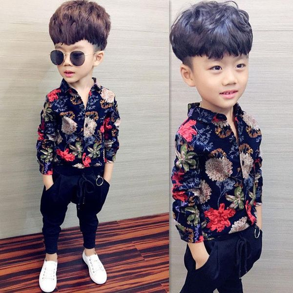 

shirts children shirt spring autumn 2021 boys long sleeve kids clothing baby boy casual flowers, White;black