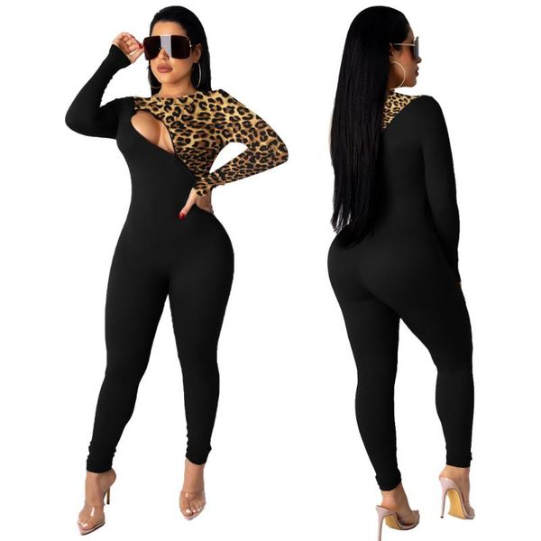

women's jumpsuits & rompers winter women spring leopard patchwork zipper full sleeve outfits club night party sporty one piece, Black;white