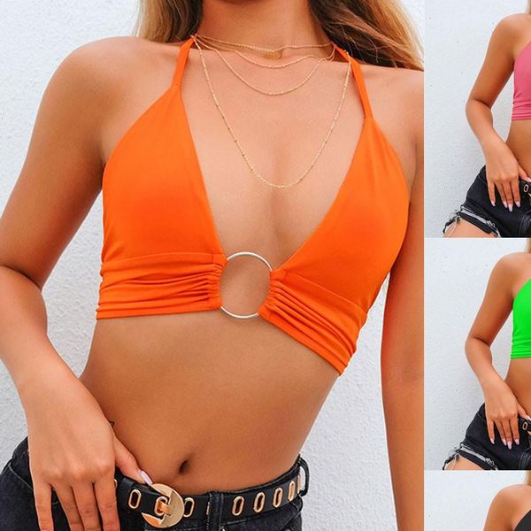 

2021 new summer women clothes halter crop backless bandage lace up metal tank femme bustier mujer c12, White