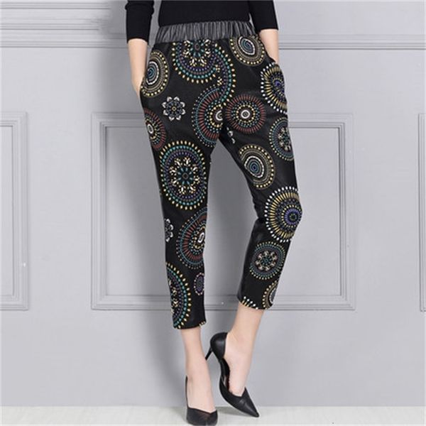

2021 skinny lambskin printing trousers with a high female waist kp9 hp44, Black;white