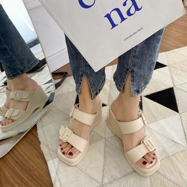 

slippers wedge women open toe buckle summer shoes casual beach outdoor slides beige khaki mujer zapatos de, Black