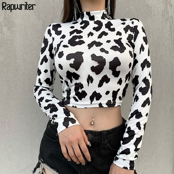 

skinny tie dye women t shirt harajuku slim milk cow print stand collar long sleeve crop tee fashion clothes rapwriter 210302, White