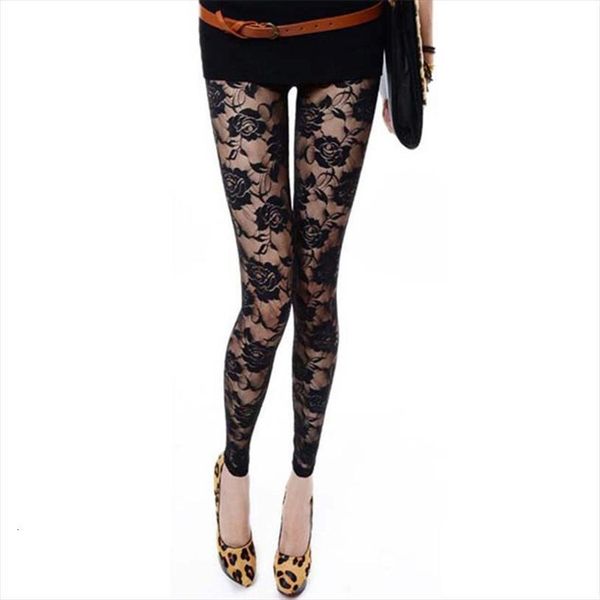 

transparent mesh lace hollow women leggings stitching black flowers ankle length pants elastic skinny patchwork bottom