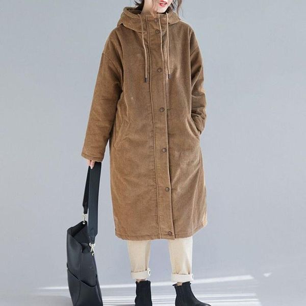 

women's fur & faux autumn winter coats parkas casual loose corduroy female long jackets vintage thick lady slim hooded outwears, Black