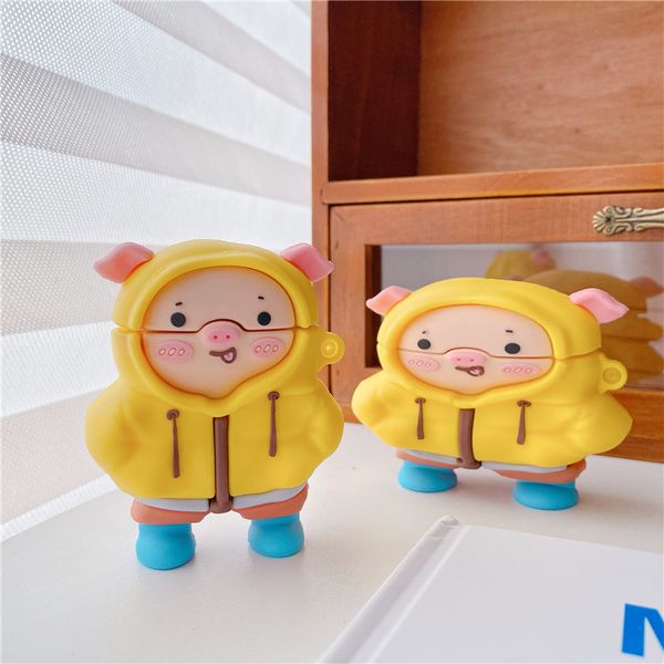 

headphone cases 3d cute cartoon raincoat pig earphone case for airpods 2 1 pro air pods 3 soft silicone wireless charging box accessories