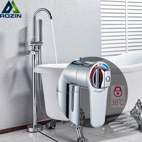 

chrome thermostatic bathtub faucet tanding bath shower set rotate spout floor mounted tub mixer tap plastic handshower