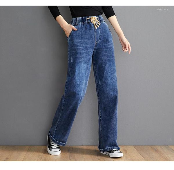 

women's jeans 2021 elastic high waist women denim pants office lady korean simple casual loose female solid color vintage trousers, Blue