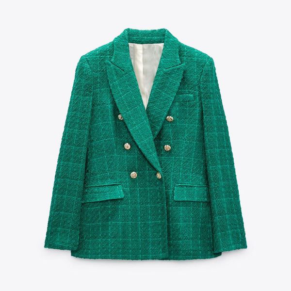 TOP QUALITÄT 2022 Frauen jacke Herbst Mode Zweireiher Tweed Check Blazer Mantel Vintage Langarm Taschen Weibliche Oberbekleidung Chic XS-L